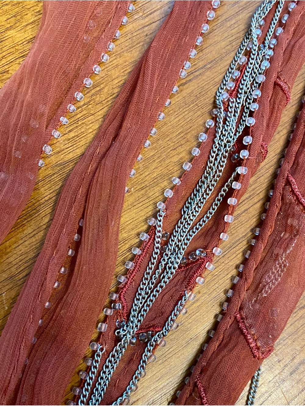 Chan Luu Rust Beaded Scarf Necklace with Silver Chains